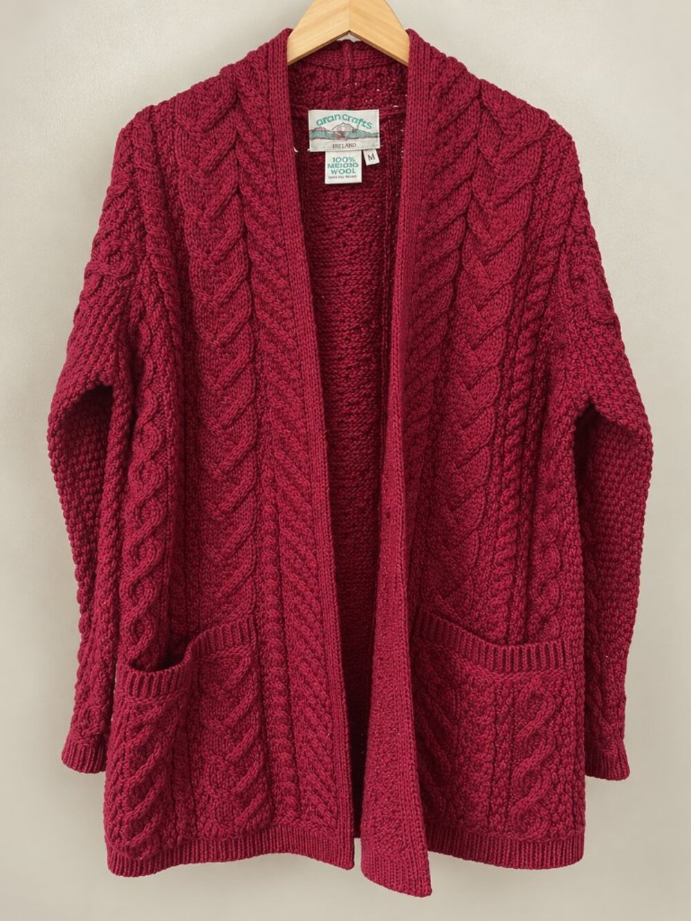 Aran Crafts Ireland Merino Wool Cable Knit Open Front Cardigan Sweater M Berry